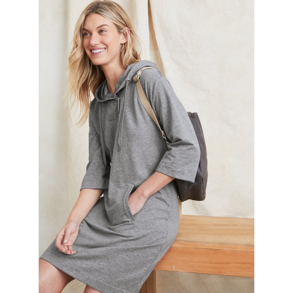 Garnet Hill Womens Hoodie Dress 3/4 Sleeve Kangaroo‎ Pocket Pullover M